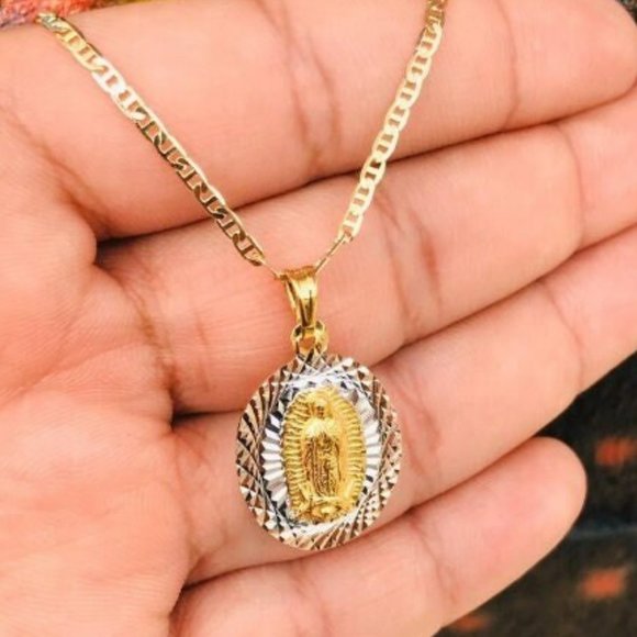 14K Gold F Guadalupe Pendant Charm Necklace with Mariner Chain 18" Cadena y Dije - Picture 1 of 6